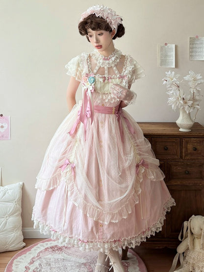 Pink with Bow Details Version Lolita Elegant Classic Dress Lace Long and
