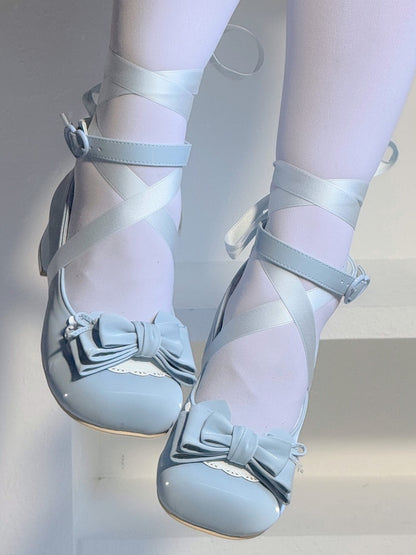 Round Shoes Blue Fastener Low-heel Details with Toe Bow Sweet Heart