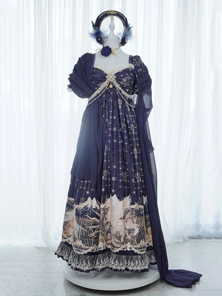 Elegant Unicorn OP Night Starry Blue Dark Set Full Empire Print Waist Lolita