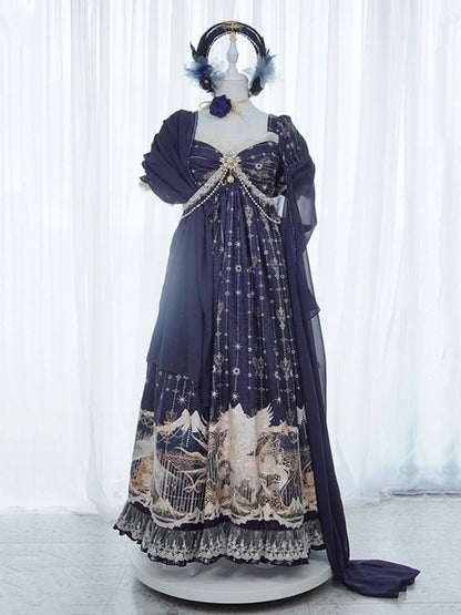 Elegant Unicorn OP Night Starry Blue Dark Set Full Empire Print Waist Lolita