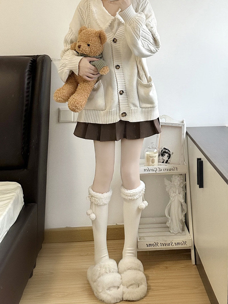 Pom-Pom (Color: Stockings White) Fluffy Knit Ribbed