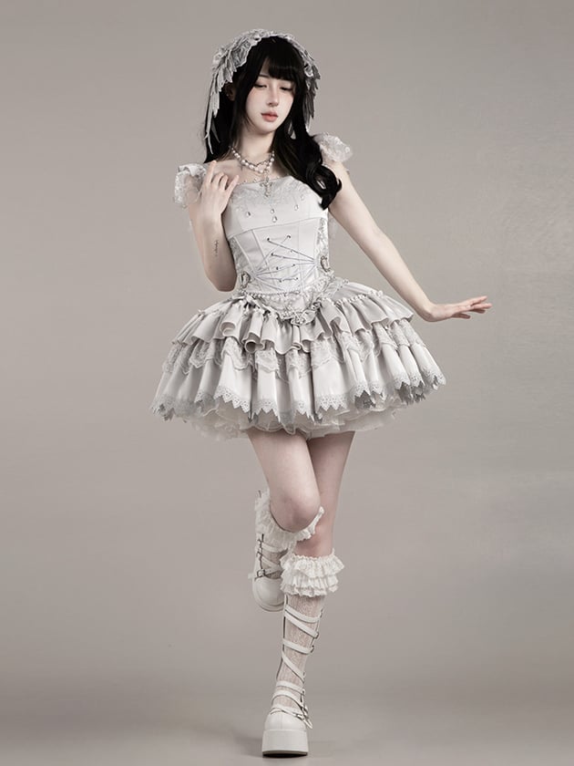 Skirt Set Short Veil Waist Corset - Silver Full Head Necklace Chain Lolita + Gothic Embroidered Top