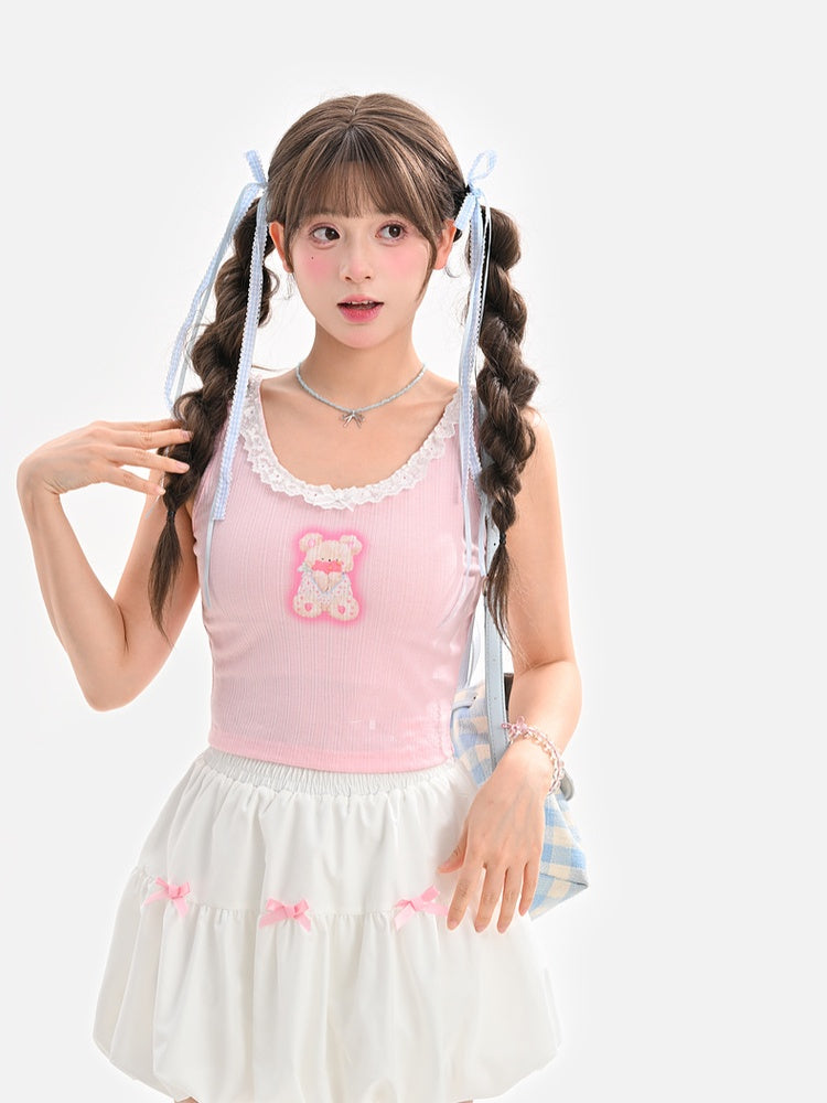 Pink Teddy Bear Print Lace Trim Neckline Sweet Tank Top