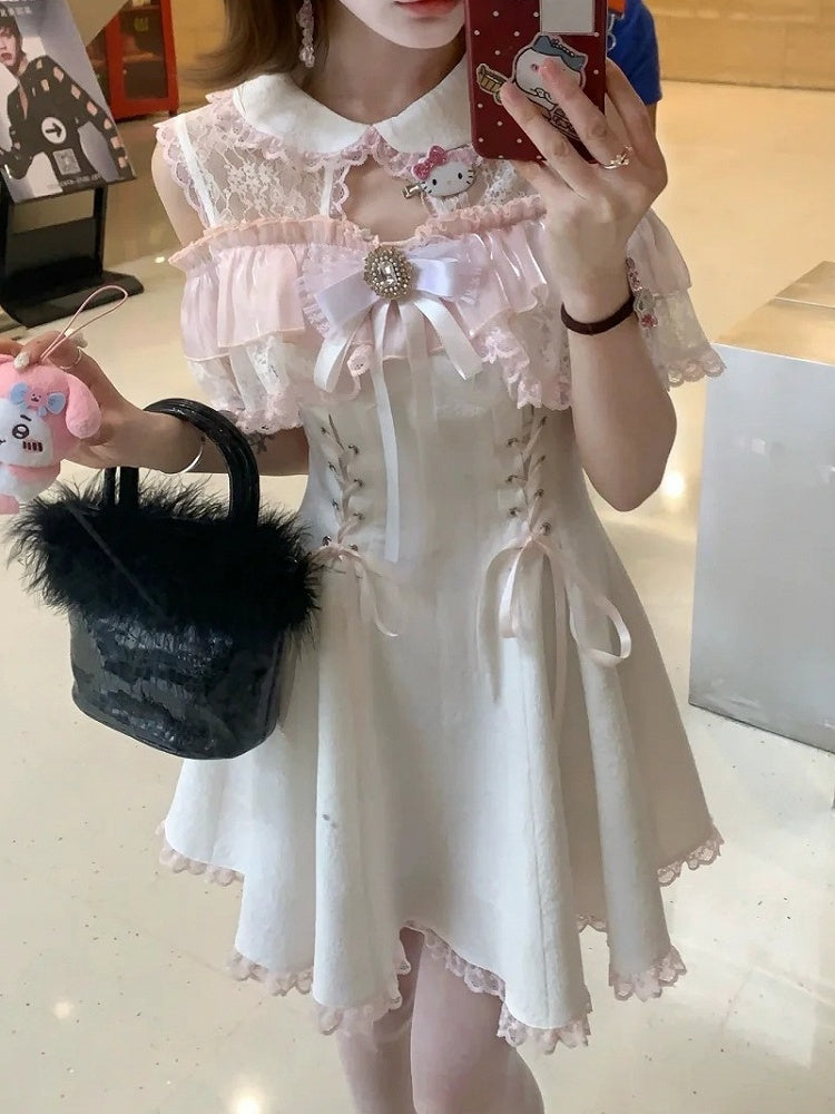 Kei Light Shoulder Dress Open Jirai Illusion Polished Aesthetic Pure - Neckline Pink with