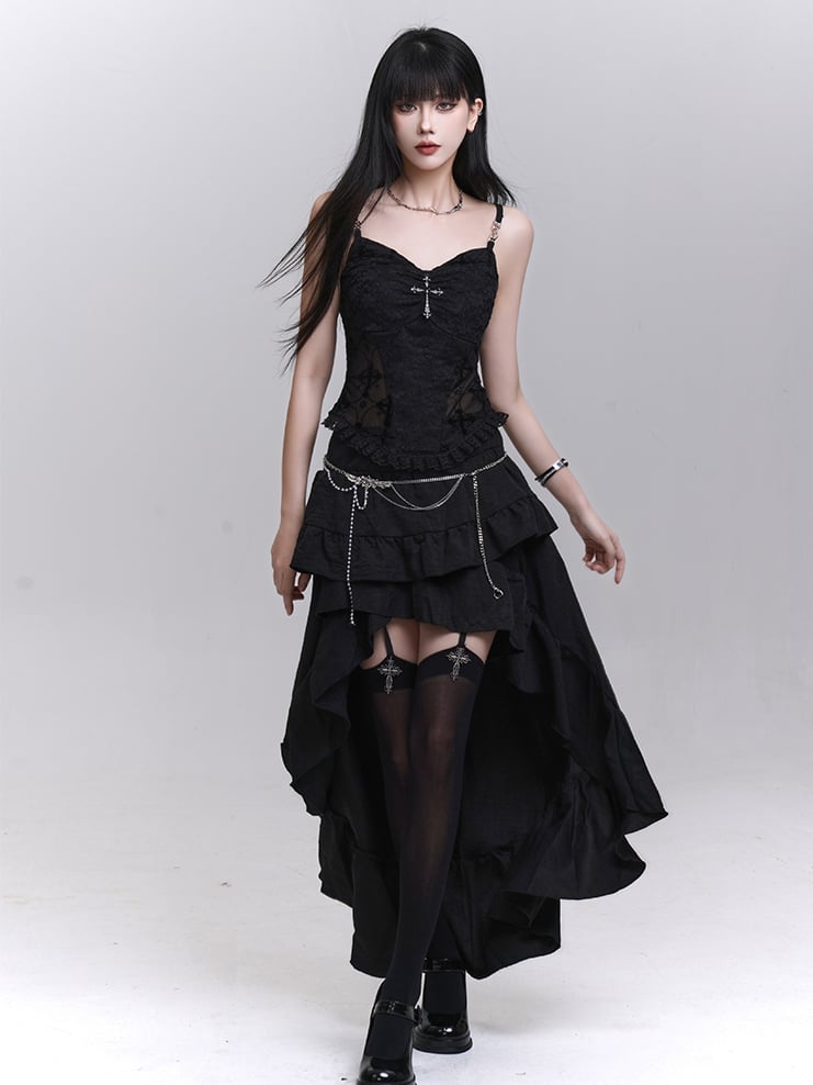 with Beaded Black Lace Patches Waist Cross Decorated Cami Top Chains