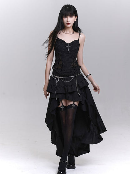 with Beaded Black Lace Patches Waist Cross Decorated Cami Top Chains