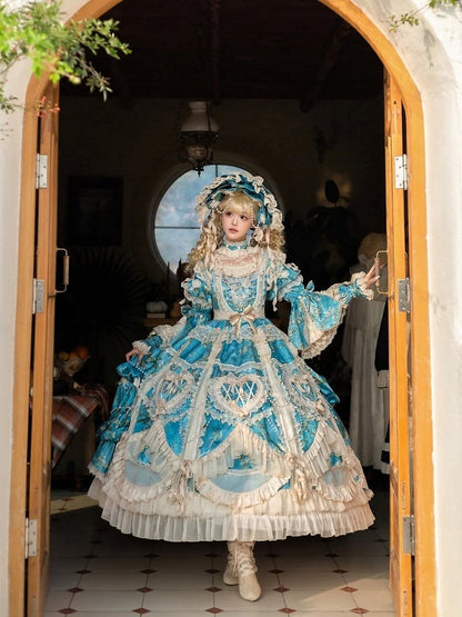 with Sleeves Sweetheart and Ruffle Layers Bell Applique Gorgeous Blue Gown Hime Lolita Beaded Lace