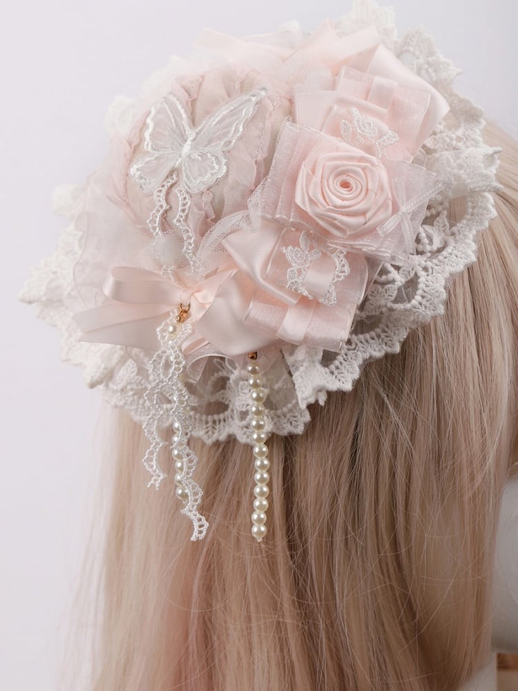 Hat White Rose Mini Butterfly Lace Pink Sweet Lolita