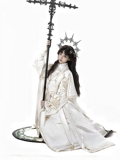 White Gold Long Sleeve Gothic Lolita Dress Coat Cross Accents - Xiong Dou Jiang