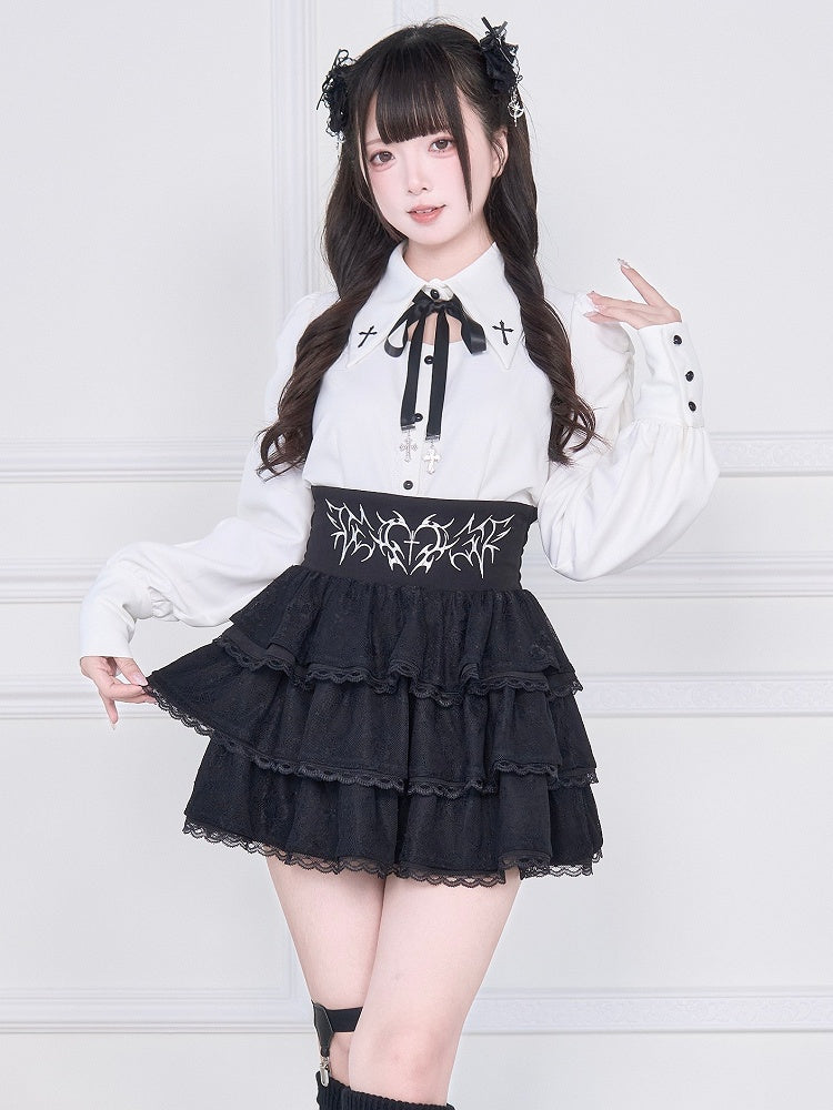 Skirt Lace Cross with Kei Tiered Jirai and Black Heart Embroidery