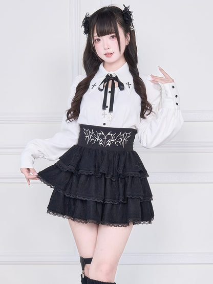 with Back White Jirai Blouse: Lacing Sleeve Long Kei Gothic
