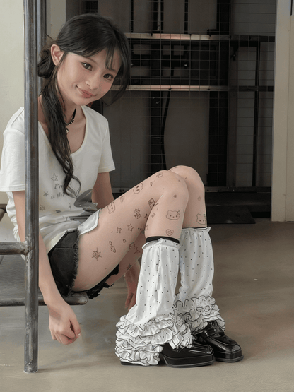 Layered Polka-dot Cuff White Ruffle Pattern Leg Warmers