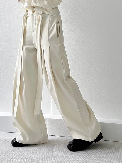 Apricot Ouji Wide-Leg Pants with Side Ribbons and Two-Button Fly - ASAE