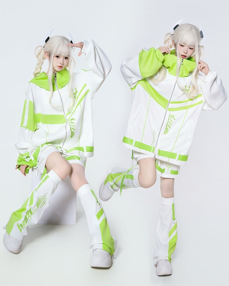 White Futuristic - Jacket in Colorblock Style Green 3-Piece Hooded Set Tech Landmine