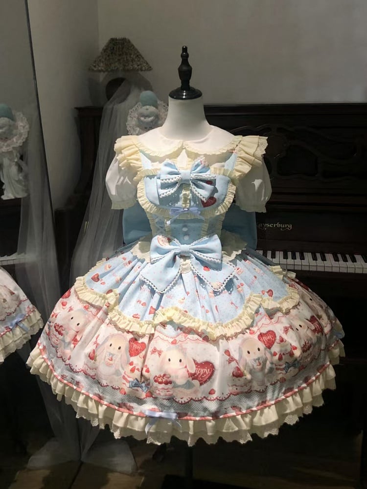 Komplettes JSK / Sweet and Bunny Erdbeerkuchen Blaues Kleid Süßes Set Lolita Print
