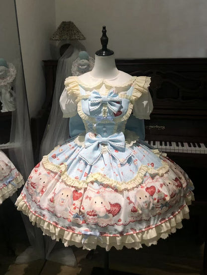 Komplettes JSK / Sweet and Bunny Erdbeerkuchen Blaues Kleid Süßes Set Lolita Print