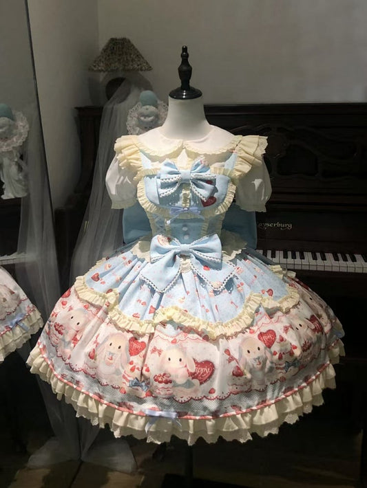 Komplettes JSK / Sweet and Bunny Erdbeerkuchen Blaues Kleid Süßes Set Lolita Print