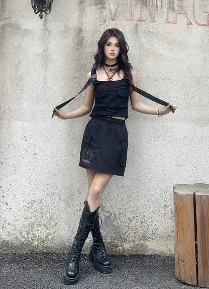 Cargo Pocket Skirt Cross and Skeleton Appliques Drawstring Black Waist