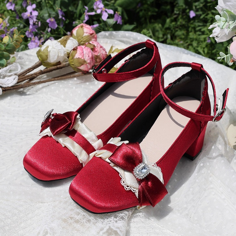 Red Bow Mary Rhinestone Lolita Ruffles on Decor Accents Applique Wine Heart Mid-heel Janes with for