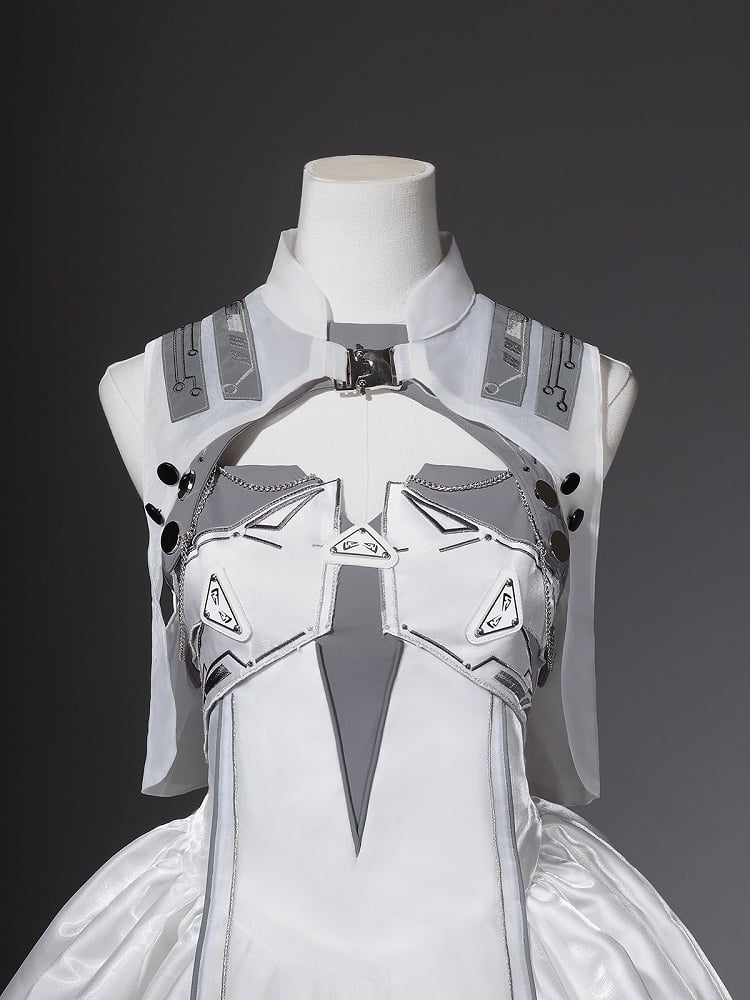 Cyberpunk White Bubble Dress and Cropped Vest Set - Xiong Dou Jiang