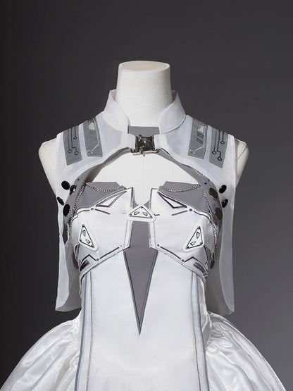 Cyberpunk White Bubble Dress and Cropped Vest Set - Xiong Dou Jiang