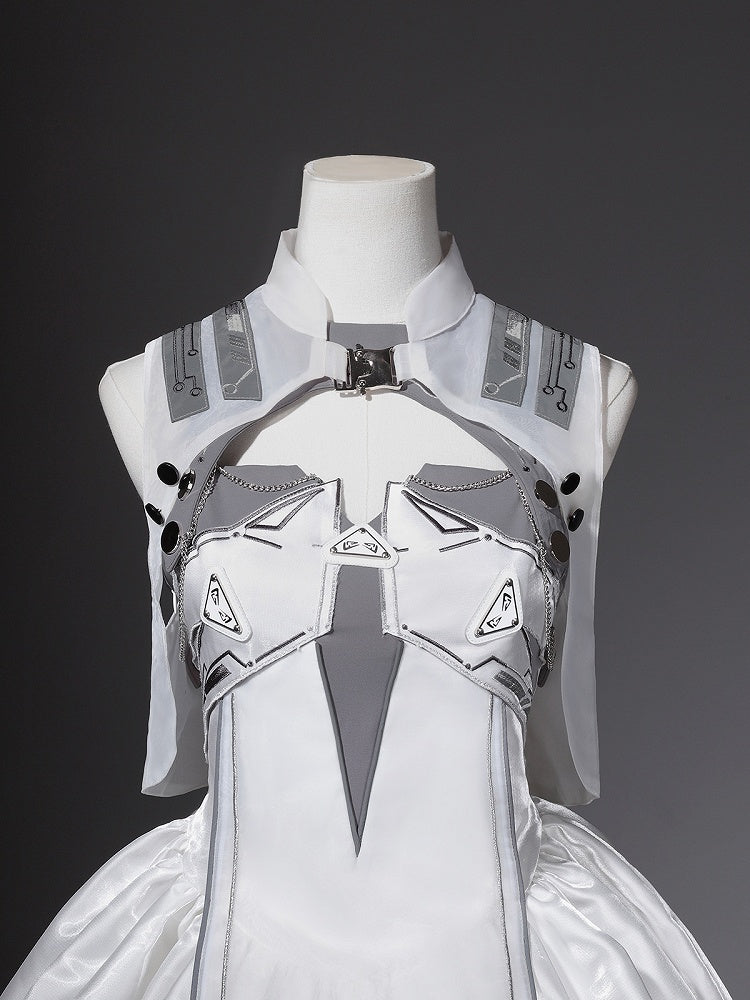 Cyberpunk Techwear Ensemble: White Bubble Dress & Banded Collar Cropped Vest - Xiong Dou Jiang