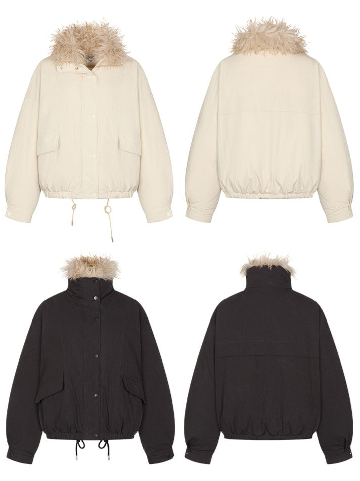 Dark Gray/Beige Cozy Short Down Jacket Fur Faux with Detachable Collar