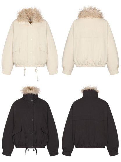 Dark Gray/Beige Cozy Short Down Jacket Fur Faux with Detachable Collar