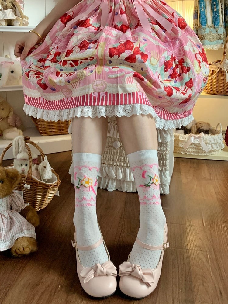 Socks Floral Blue Calf Bow Strawberry Pink/Red/Dark Pattern