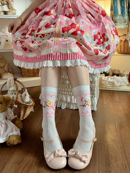 Socks Floral Blue Calf Bow Strawberry Pink/Red/Dark Pattern