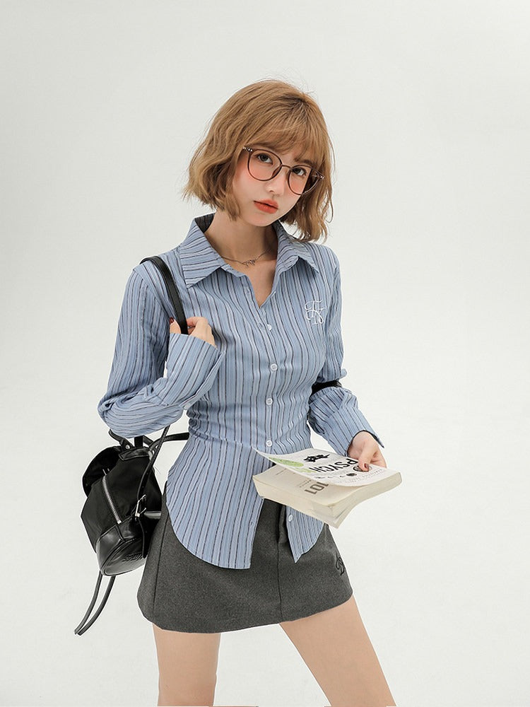 School-Style Blue Striped Long-Sleeve Shirt - Girlyhalo