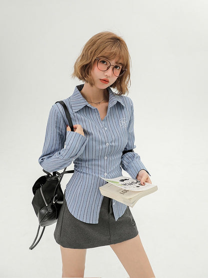 School-Style Blue Striped Long-Sleeve Shirt - Girlyhalo