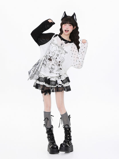 BlackWhite/PinkBlue Bunny  Kitten Print Long Sleeve Top - Daily Kawaii Colorblock Design