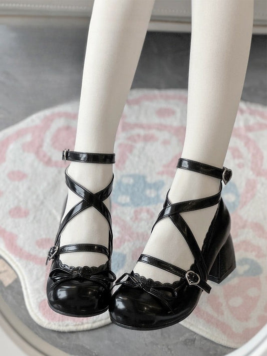 Block Knotted Sweet Bow Jane Heel Lolita 6cm - Black with Mary Shoes