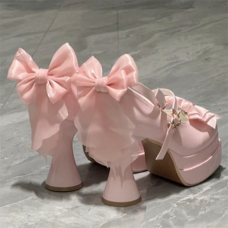 Sweet High-heel PU Top Pink at with Bow Janes Light Lolita Mary Platform
