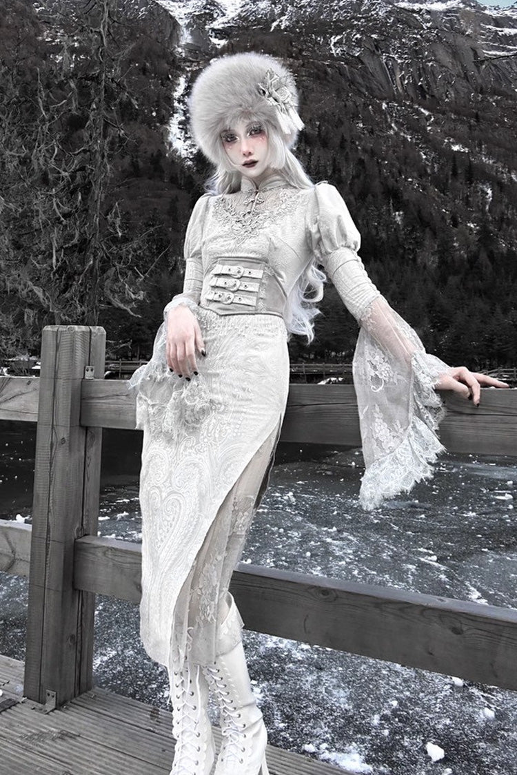 Silver V-Neck Long Sleeves High-Waisted Ruffle Lace Gothic Fishtail Dress