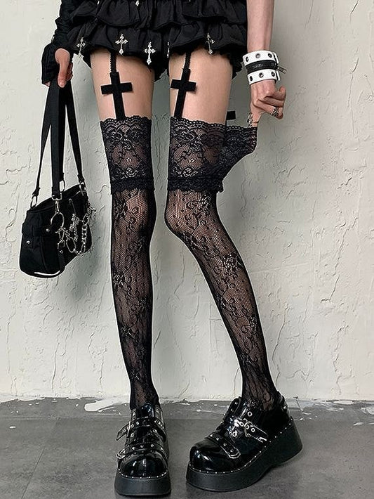 Floral Gyaru Trim Pattern Lace Fashion Y2K Overknee Stockings Black