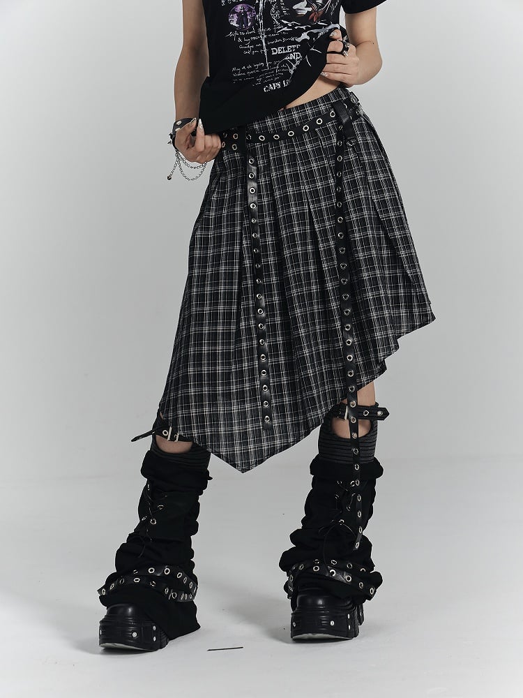 with Punk Skirt Gothic Belts White Hem Dual Black Handkerchief Eyelet Plaid Metal PU