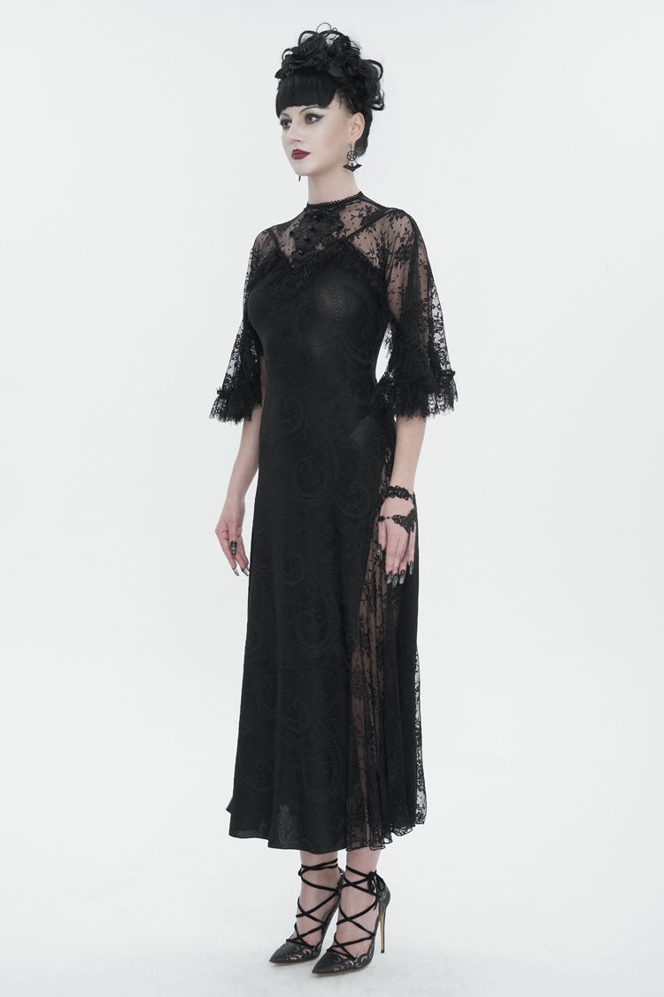 Black Stretch Printed Knit Panel Lace High Slit Asymmetric Gothic Dress
