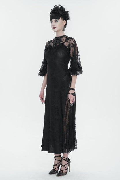 Black Stretch Printed Knit Panel Lace High Slit Asymmetric Gothic Dress