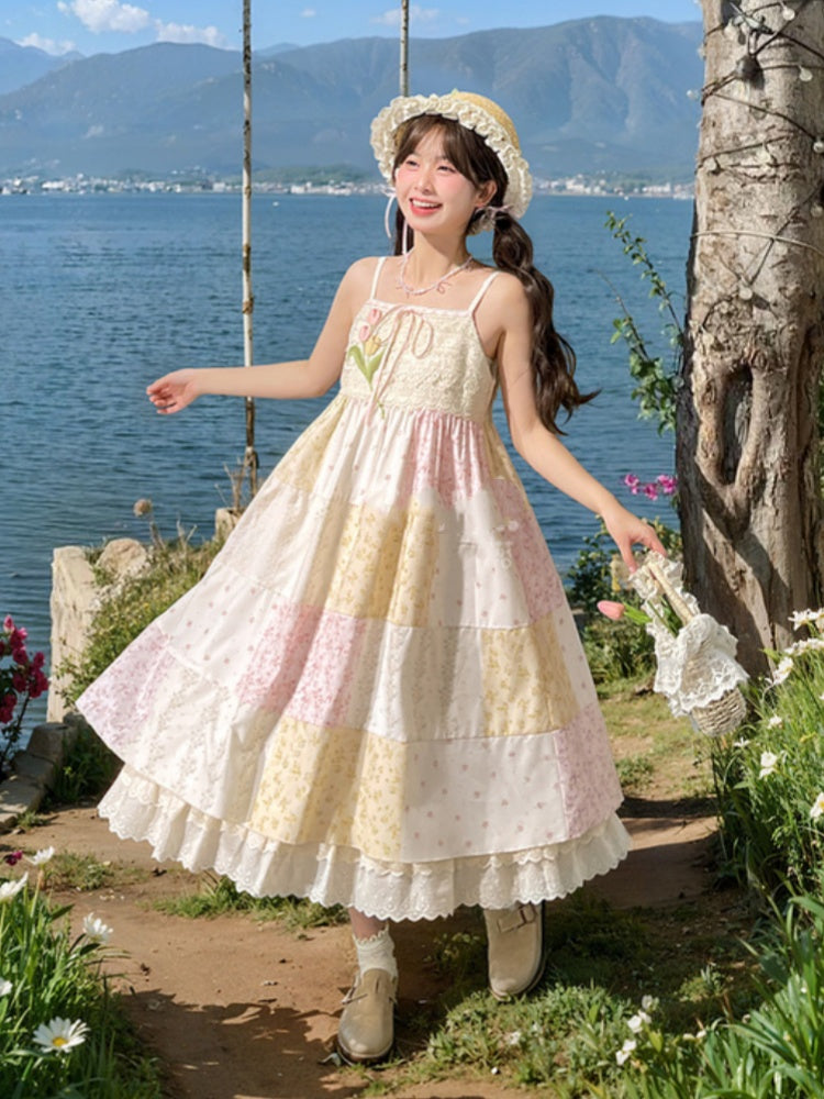 Mori Kei Beige & Pink Tulip Floral Patchwork Summer Dress