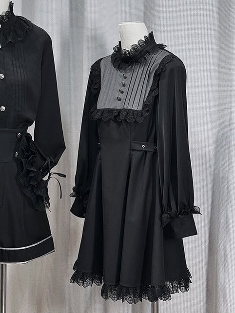 Schwarzes Ärmelkleid, lang, Lolita Kei-inspiriert, grau, Jirai und