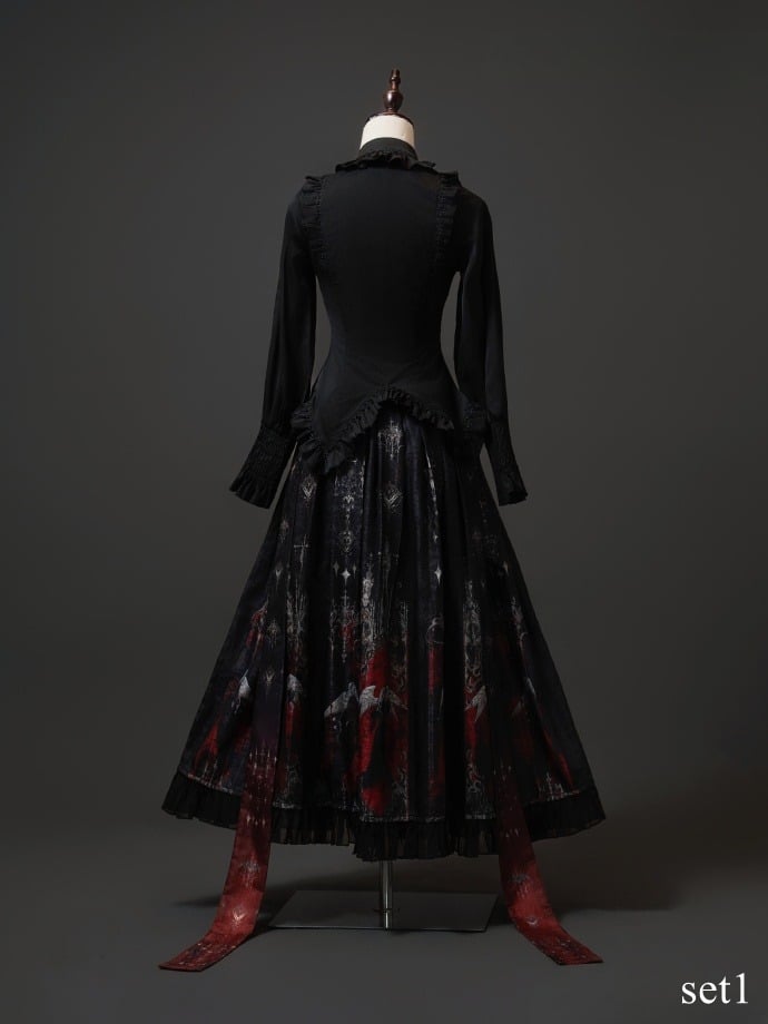 Black Angel Ruffled Pleat Box Gothic Skirt Red and Blouse Set Printed