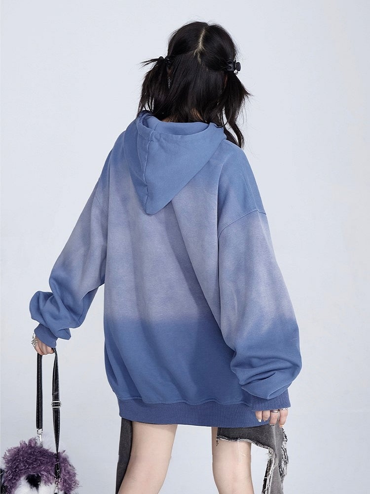 Retro Vintage Hoodie Blue Embroidery with Hood Gradient Fall Drawstring Star Lettering