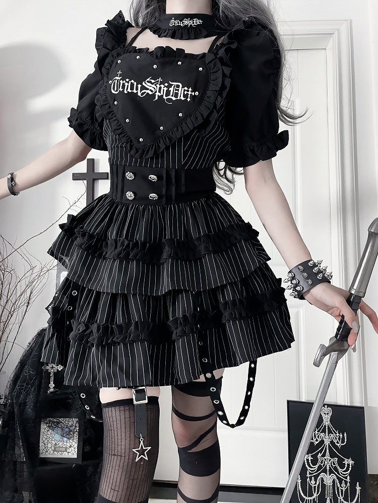 Stripes Dress with Puff Black Sleeve White Patch Gothic Studded Heart Short