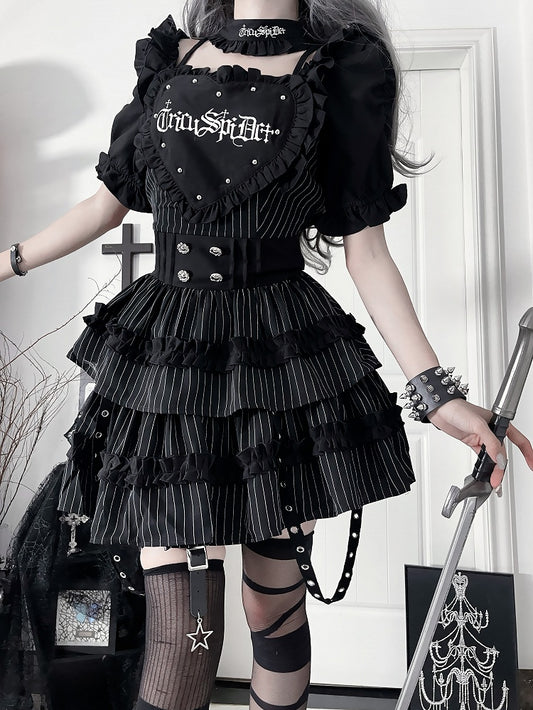 Stripes Dress with Puff Black Sleeve White Patch Gothic Studded Heart Short