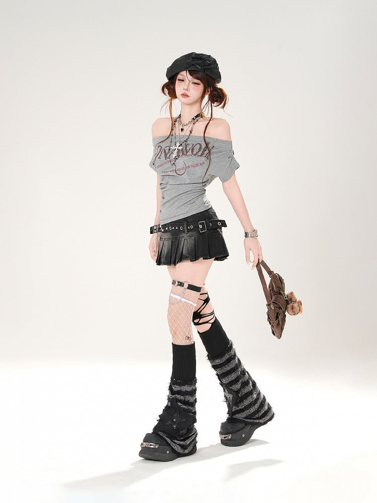 Grau/Marineblaues schulterfreies blaues T-Shirt mit Ausschnitt und Buchstaben-Print