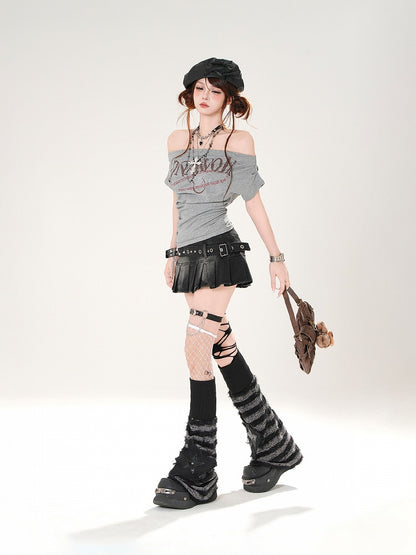 Grau/Marineblaues schulterfreies blaues T-Shirt mit Ausschnitt und Buchstaben-Print