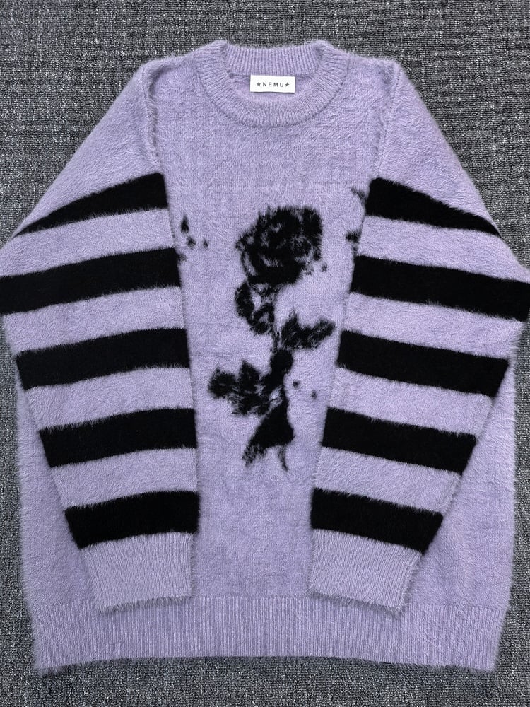 Pattern Sweater and Purple Rose Jirai Striped Oversized Kei Black