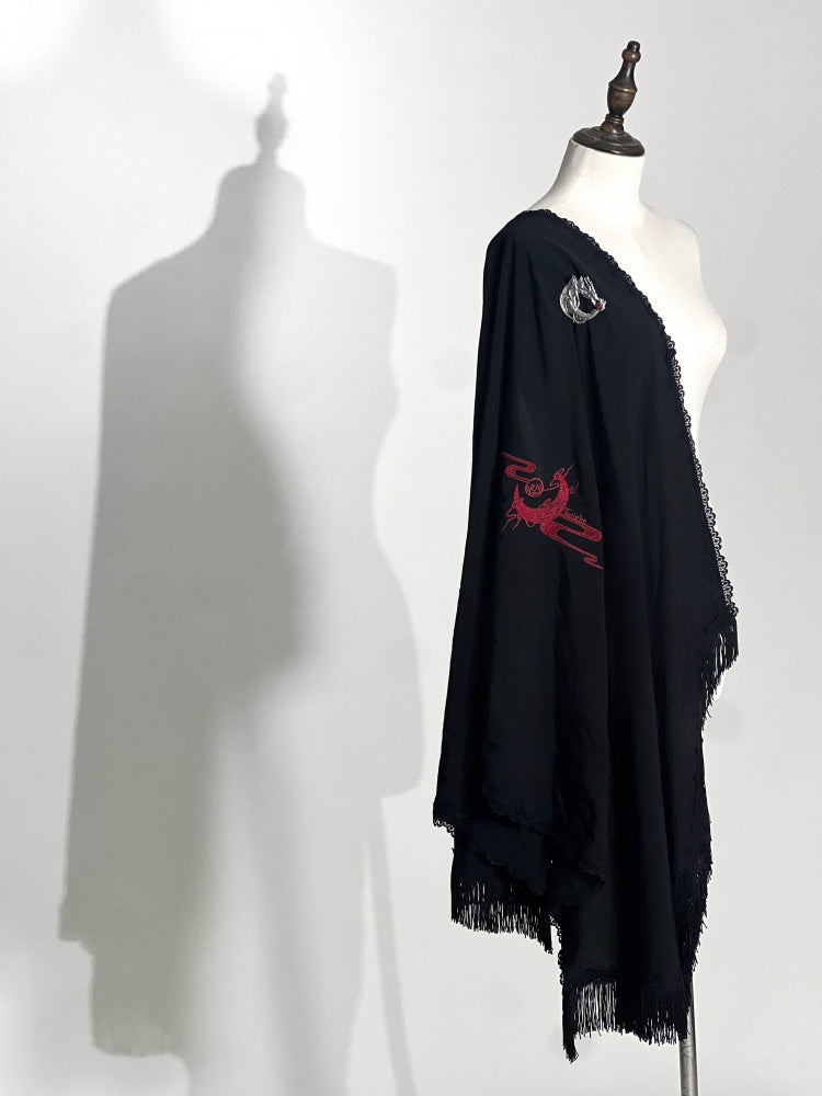 赤/黒/紫の龍と月の刺繍ショール